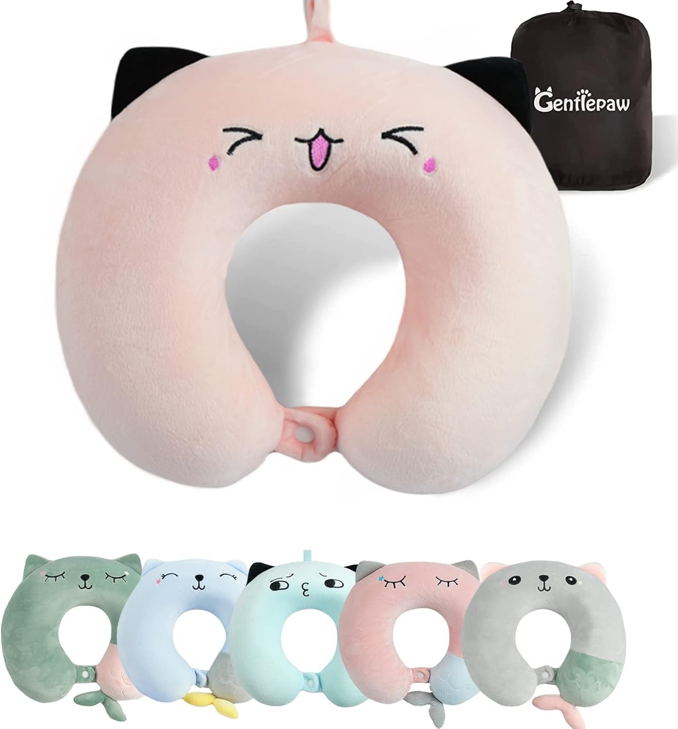 Nakkepude, nakkepude til børn til fly, bil, togrejser, rejsepude i hukommelsesskum til voksne, U-formet pude i sødt dyremønster, aftageligt betræk (Pink2) Naty Shop Cervikal ortopædiske puder Pink2