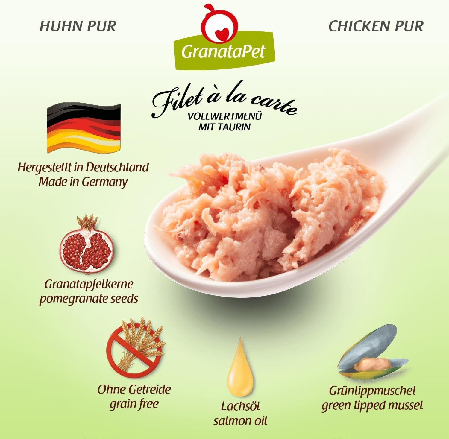 GranataPet Filet à la carte Kylling PURE, våd kattefoder, kornfri filetstykker, kattefoder uden tilsat sukker, højt kødindhold, 6 x 85 g