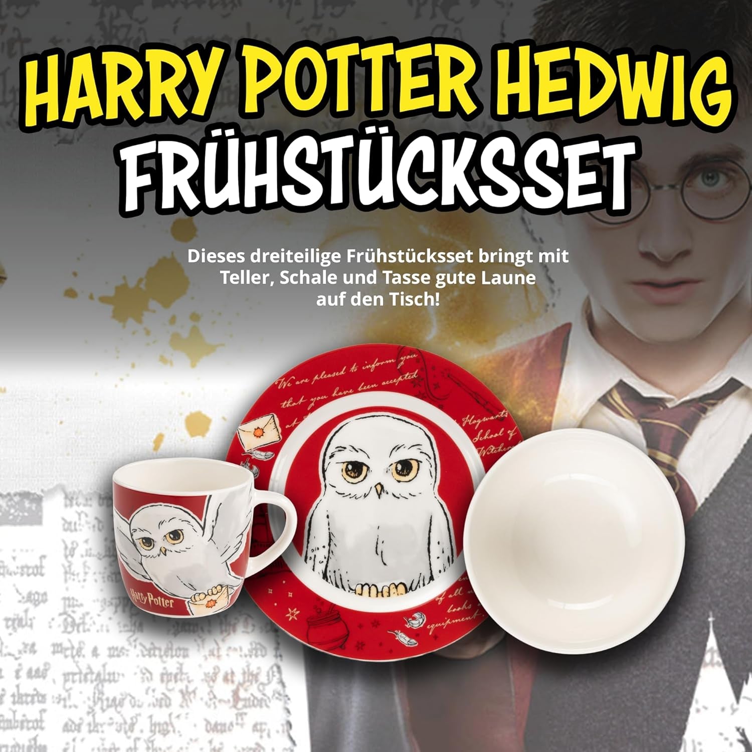 Harry Potter 3-delt servicesæt, rødt, porcelæns morgenmadssæt med tallerken Ø 19 cm, krus 220 ml og skål 330 ml, servicesæt