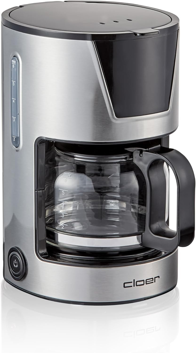 Cloer 6-kops filter espressomaskine, skånsom holde varm funktion, glaskaraffel, måleske, vandstandsindikator, anti-dryp system, automatisk sluk, filterstørrelse 1x2, 550W, rustfrit stål