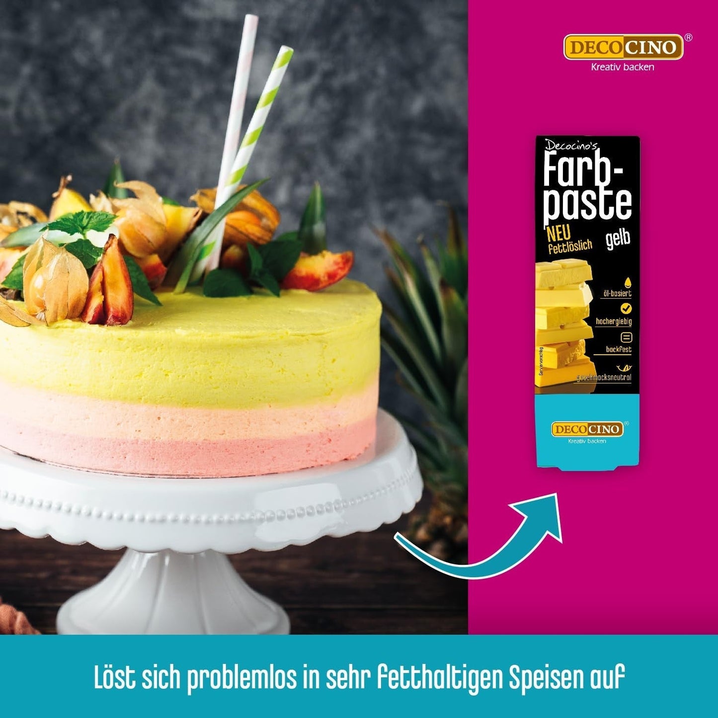 DECOCINO Gul fedtopløselig farvepasta - 15 g - Oliebaseret madfarve, ideel til farvning af chokolade, smørcreme, fondant eller småkagedej