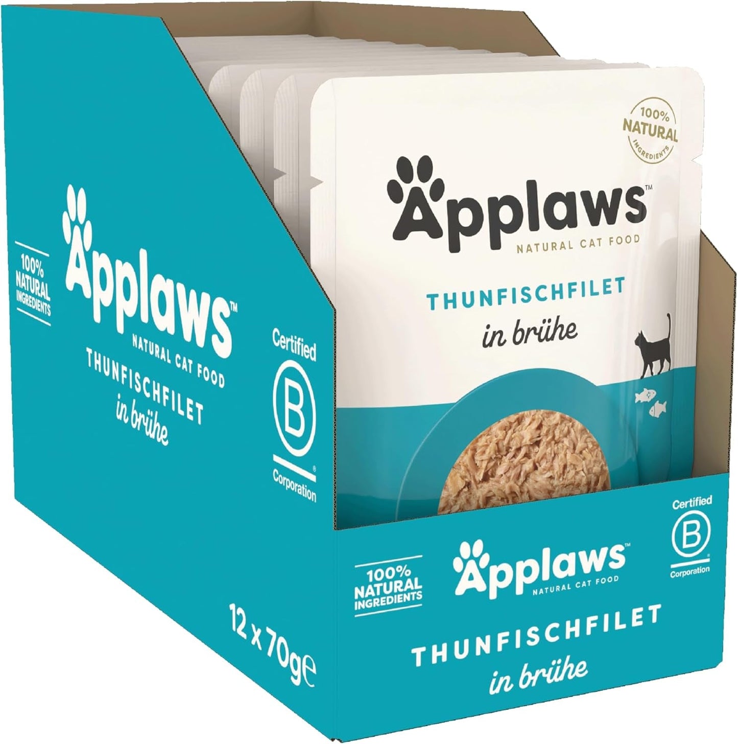 Applaws 100 % naturlig våd kattefoder tunfileter i bouillon - pakke med 12 70 g poser