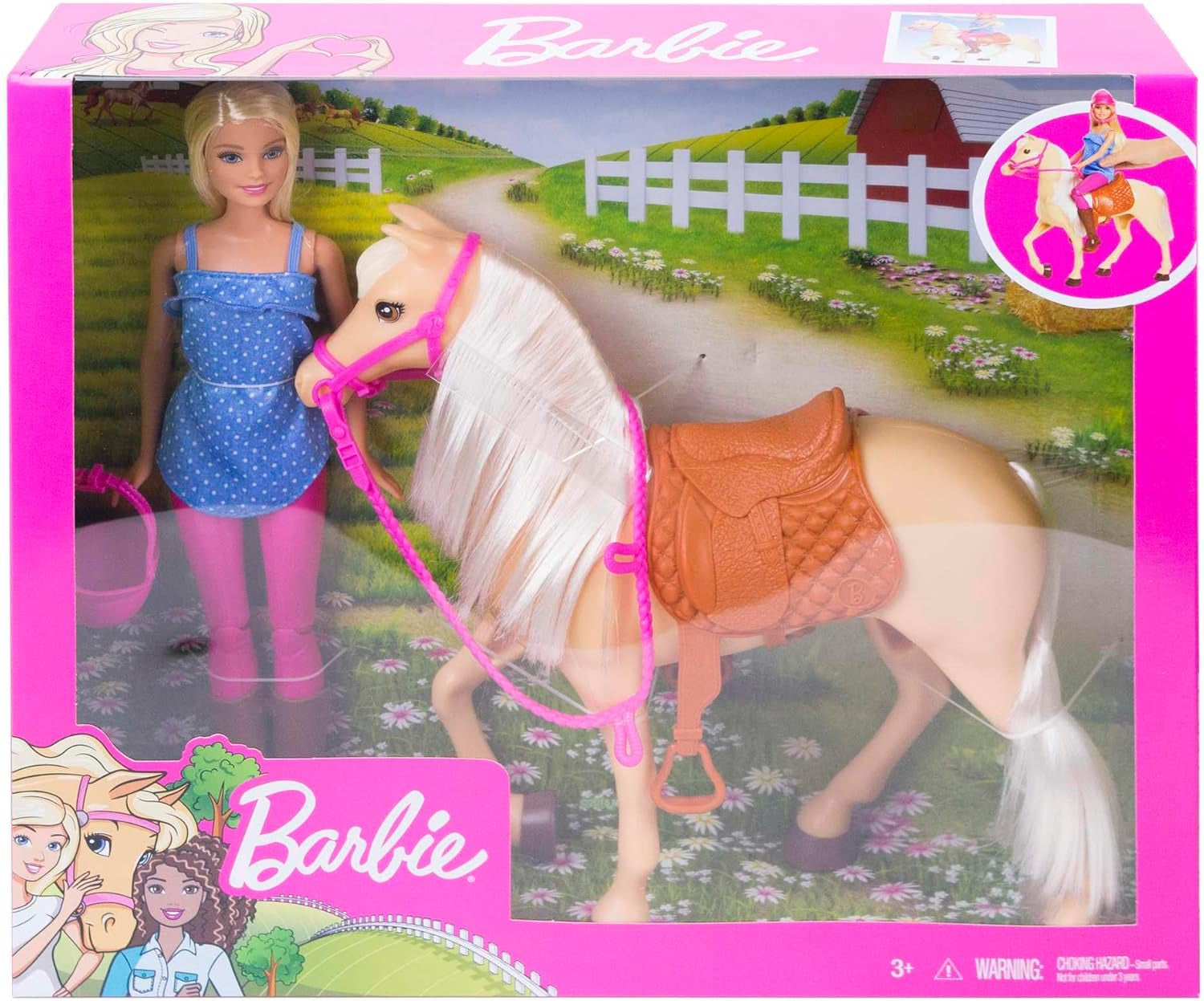 Barbie dukke og hestelegetøj, ridetilbehør, inkluderer 1 dukke og 1 hest, velegnet som gave til børn fra 3 år og derover, FXH13