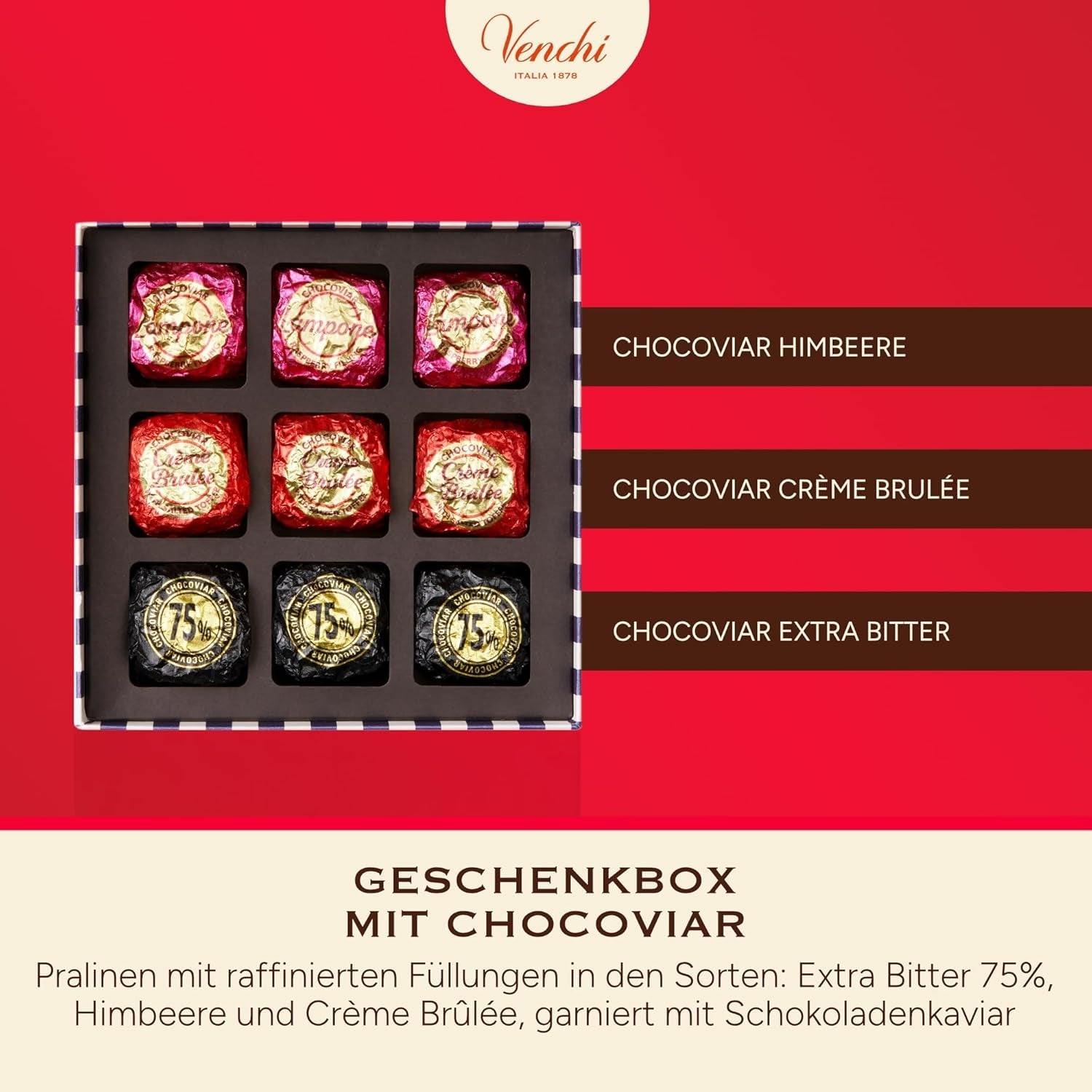 Venchi - æske med 9 forskellige chokolader, 175 g, glutenfri, ingen kunstige farver eller konserveringsmidler, gaveidé til Valentinsdag