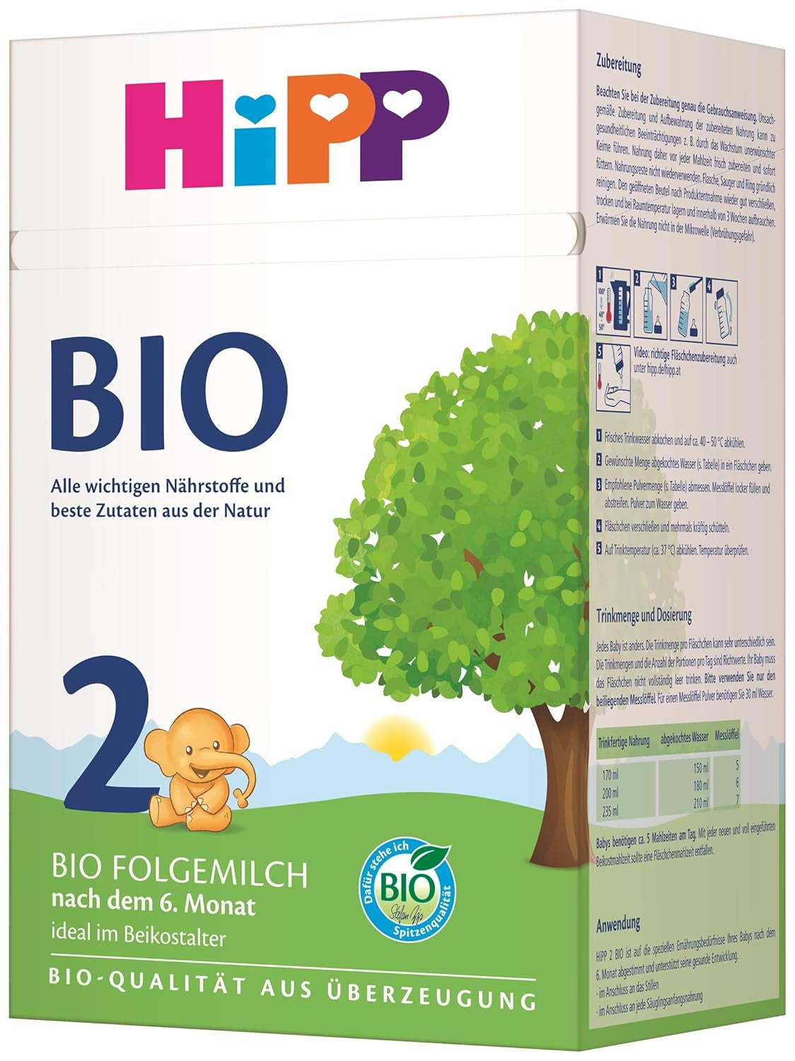 HiPP 2 Økologisk tilskudsmælk (4 x 600g), efter 6 måneder, med Omega-3 (DHA, ALA), calcium og lettilberedt økologisk stivelse, af bedste økologiske kvalitet