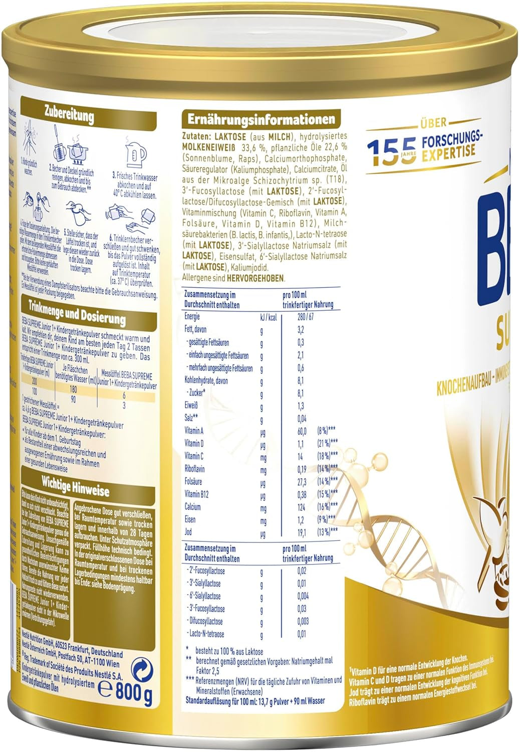 BEBA SUPREME JUNIOR 1 Plus - Drik til børn fra 1 år, med kompleks 6 HMO, laktosefri, palmeoliefri, fiskeoliefri, mad til små børn, babymælkpulver, pakke med 6 (6 x 800g)