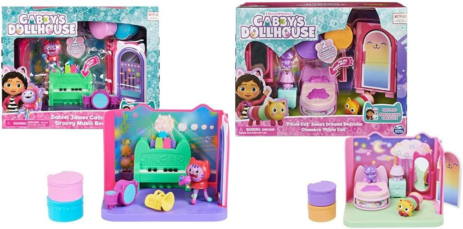 Gabby Dollhouse Deluxe Room Groovy Music Room og Deluxe Room Sweet Dreams Fluffy Cat Soveværelse
