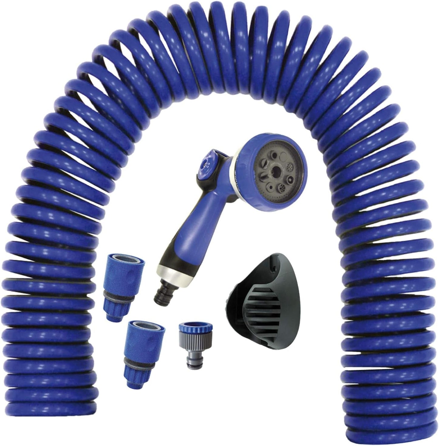 590078 – Spiralslangesæt, blå, 15 meter (diameter 9 mm) + multifunktionspistol med 8 dyser + automatisk indvendigt gevind med ¾-½ adapter + 2 lynkoblinger + hængende beslag