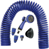 590078 – Spiralslangesæt, blå, 15 meter (diameter 9 mm) + multifunktionspistol med 8 dyser + automatisk indvendigt gevind med ¾-½ adapter + 2 lynkoblinger + hængende beslag