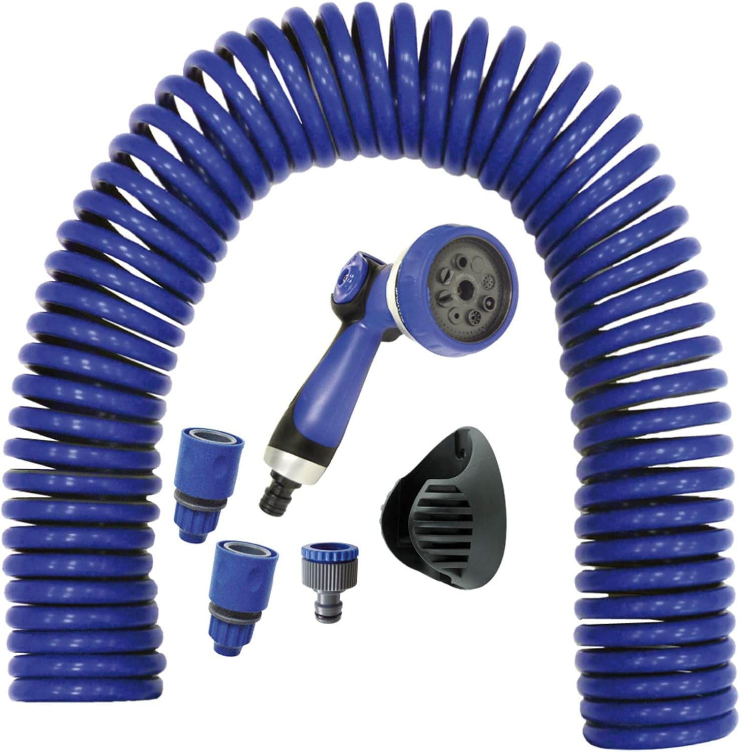 590078 – Spiralslangesæt, blå, 15 meter (diameter 9 mm) + multifunktionspistol med 8 dyser + automatisk indvendigt gevind med ¾-½ adapter + 2 lynkoblinger + hængende beslag