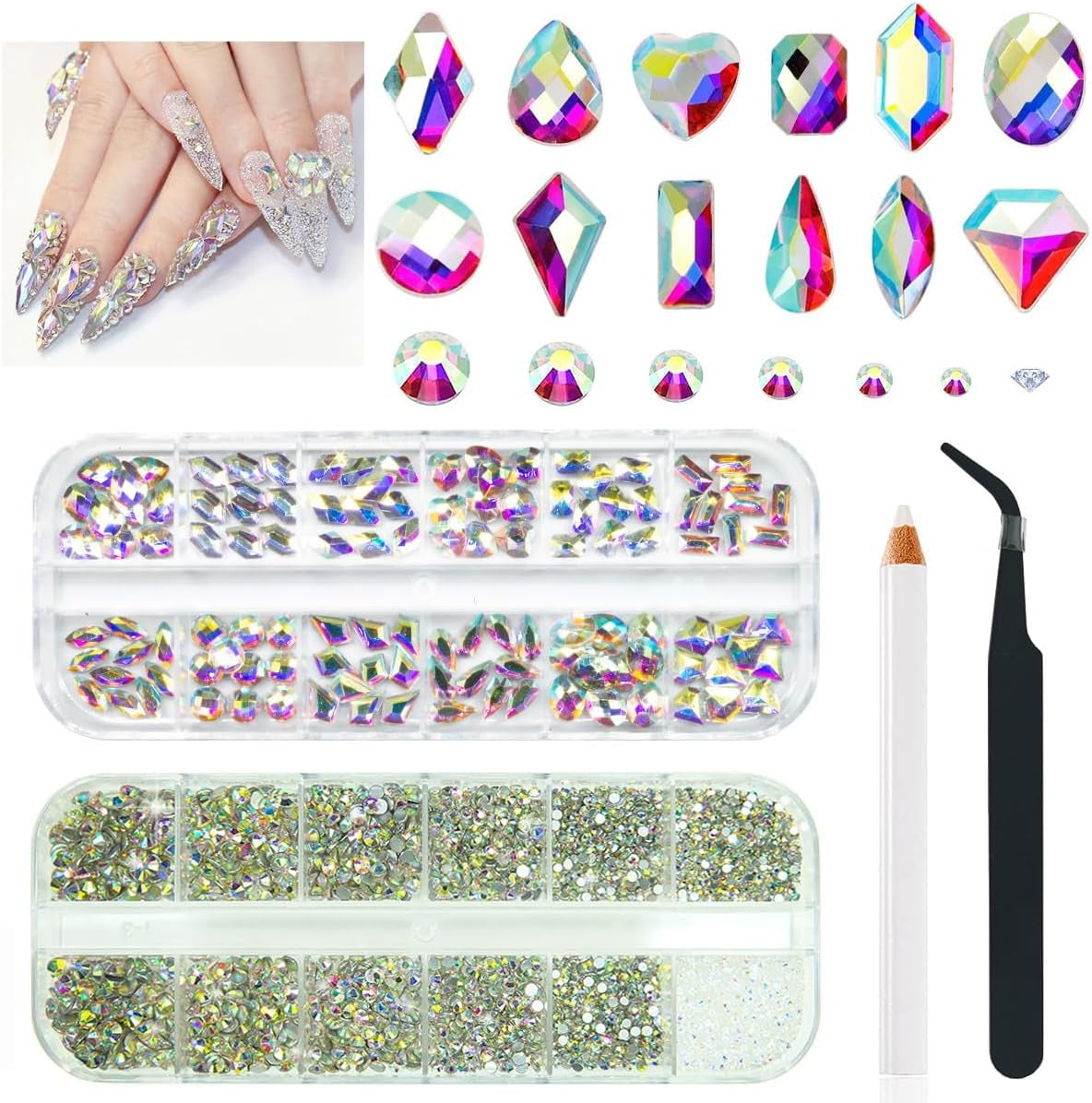 2630 stk AB krystal mousserende sten til negle, 120 12 typer store mousserende sten + 2510 6 størrelser runde K9 glassten til negle, rhinsten, negledesign, negle charms til ansigtskunst