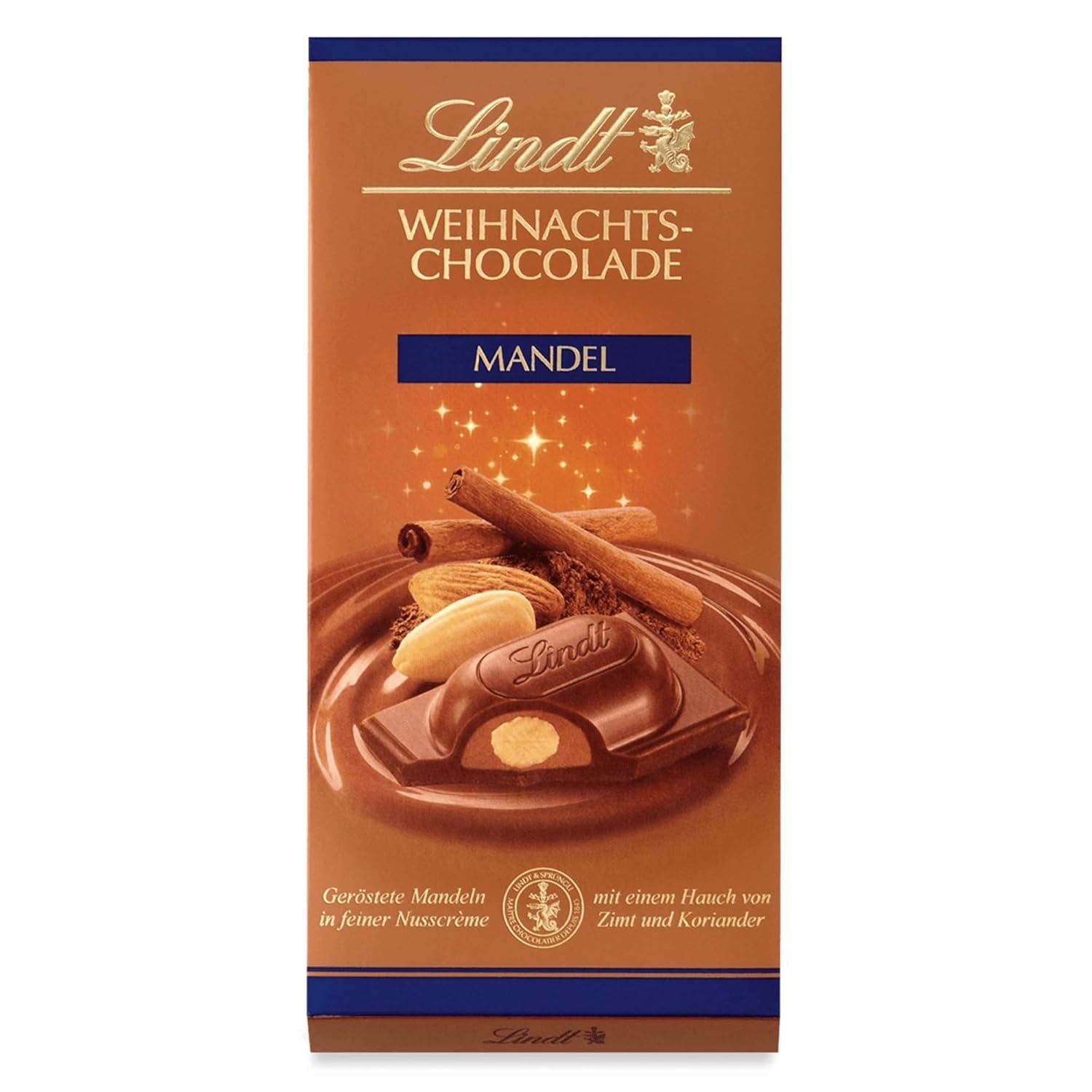 Lindt julemandelchokoladebar | 100 g | Mandler i valnøddecreme overtrukket med den fineste mælkechokolade | julechokoladegave