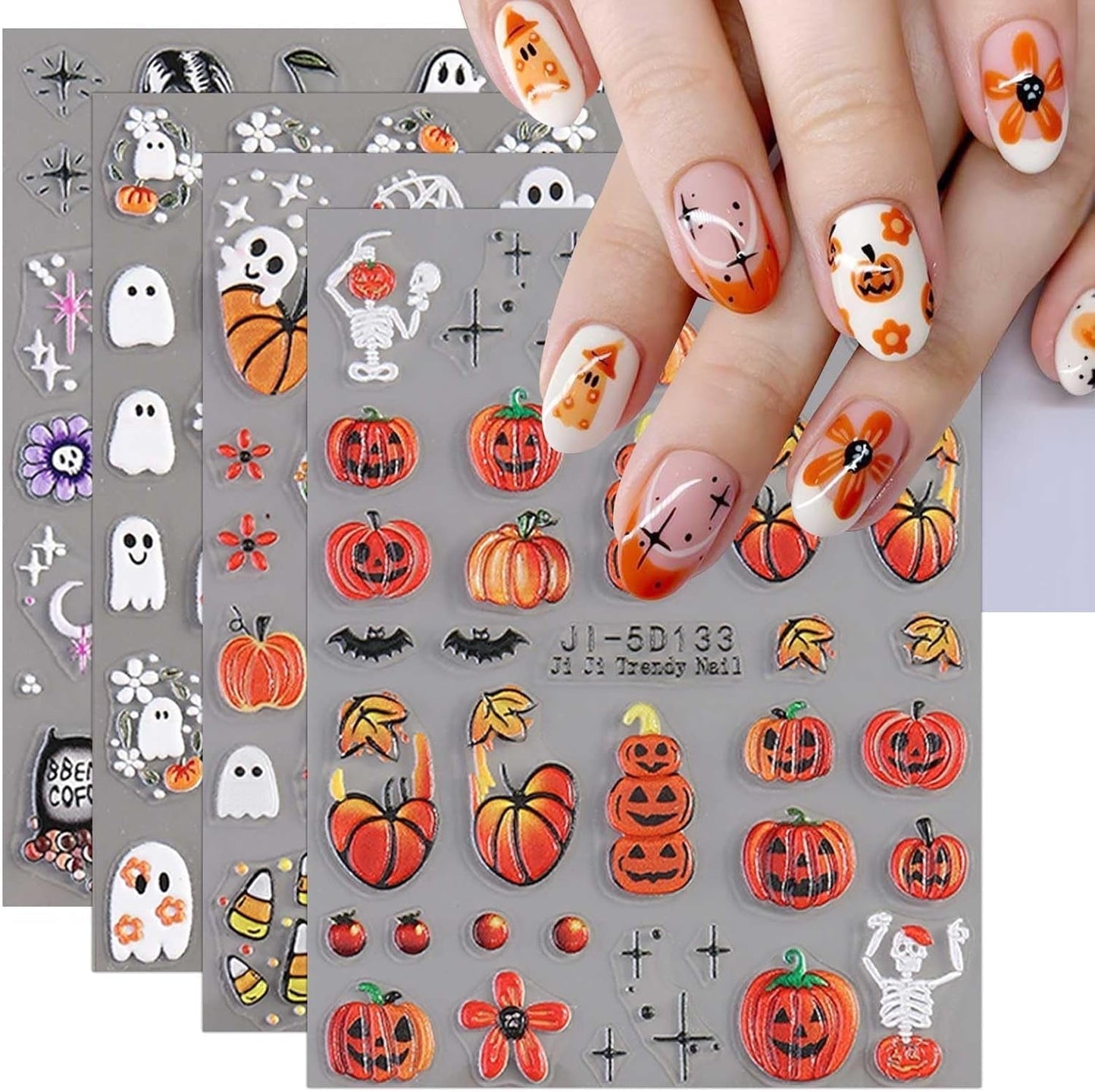 JMEOWIO 3D Nagelsticker Halloween Nail Art Sticker Selbstklebend Nagelaufkleber 5D Stereoskopisk Süßer Geisterkürbis Dekoration Nageldesign Zubehör 4 Blatt
