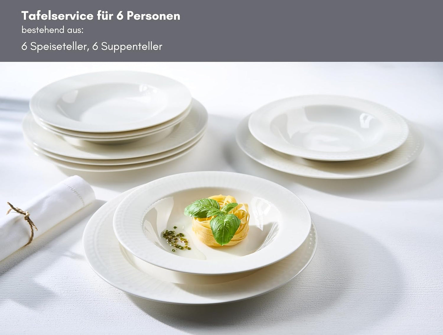 Ritzenhoff & Breker Sofia Tafelservice 12-teilig, Speiseteller (26 cm) og Suppenteller (22 cm) til 6 personer, Tafel-Set mit feinem Rillenrelief, Fine-Dining-Geschirr, Porzellan, Weiß