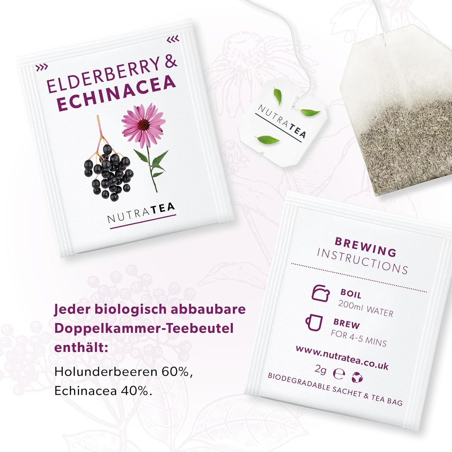 Nutra-te hyldebær og echinacea, immunitets- og forkølelseste, immunstøtte te, kold kamp, ​​20 genanvendelige teposer, naturlig urtete