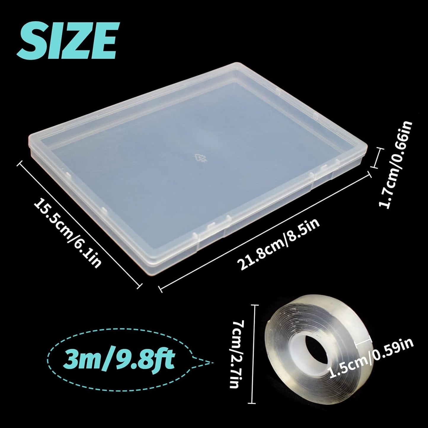 2 stk 30 cm dobbeltklæbende tape Opbevaringsboks til kunstige negle Klar rektangulær æske Plastemballageæsker Sømspidser Beholder kunstige negle 21,8x15,5 cm