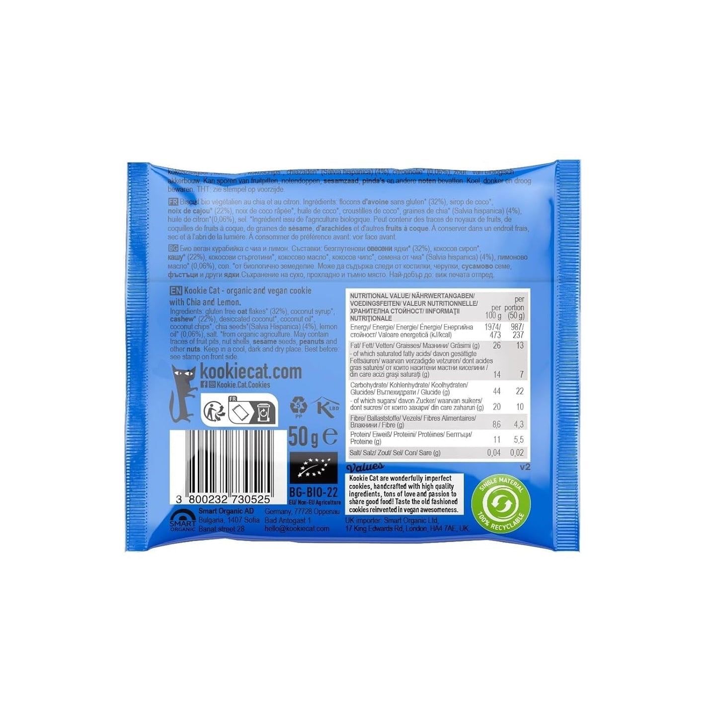 Chia og citron - individuelt indpakkede veganske småkager, glutenfri, sojafri, økologisk, cashewnødder og havre - 12 x 50 g multipak