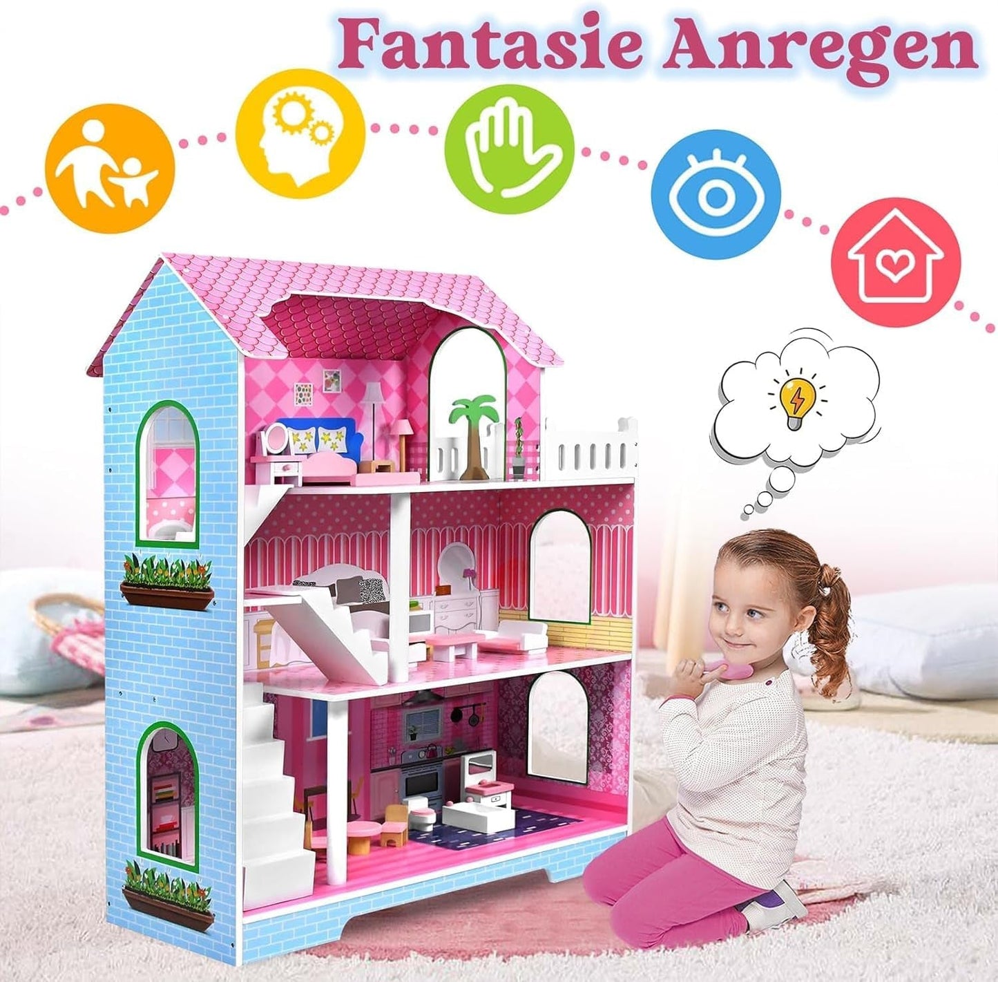 HENGMEI Puppenhaus Kinder Holz Puppenvilla Dukkehus Sæt Mädchen Spielset 3 Etagen Haus med Möbeln og tilbehør, 70x30x100cm Puppenhæuser for Kinder (Typ B)