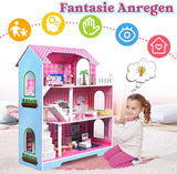 HENGMEI Puppenhaus Kinder Holz Puppenvilla Dukkehus Sæt Mädchen Spielset 3 Etagen Haus med Möbeln og tilbehør, 70x30x100cm Puppenhæuser for Kinder (Typ B)