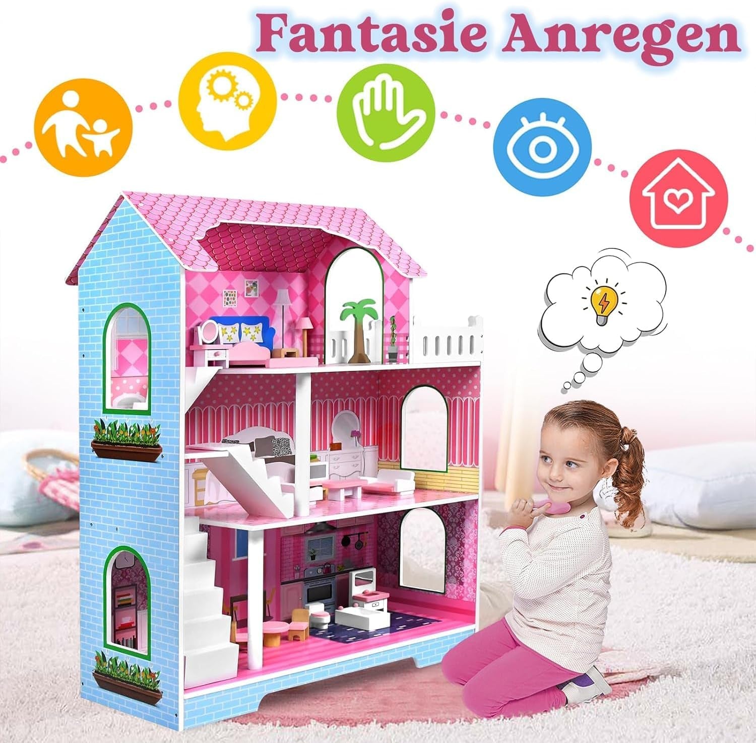 HENGMEI Puppenhaus Kinder Holz Puppenvilla Dukkehus Sæt Mädchen Spielset 3 Etagen Haus med Möbeln og tilbehør, 70x30x100cm Puppenhæuser for Kinder (Typ B)