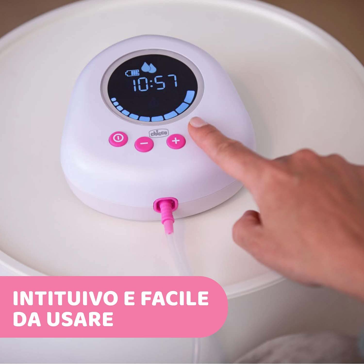 Chicco elektrisk brystpumpe med stimulerings- og ekstraktionsfaser, 10 intensitetsniveauer, behagelig og hurtig, ergonomisk form, med skrå patte og stram hætte, hvid, 150 ml Tilbehør Mad og amning Bebe Naty Shop