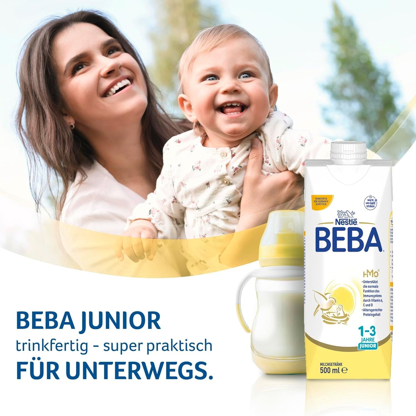 BEBA Junior drikkeklar mælkedrik 1-3 år, med HMO, aldersegnet proteinindhold, palmeoliefri, fiskeoliefri, småbørnsmad, pakke med 12 (12 x 500 ml)