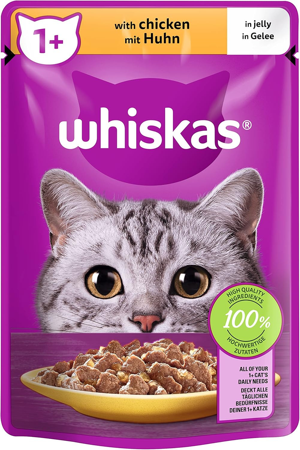 Whiskas 1+ vådfoder til katte med kylling i gelé, 28x85g (1 pakke) - Højkvalitets vådfoder til voksne katte i poser med 28 portioner