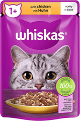 Whiskas 1+ vådfoder til katte med kylling i gelé, 28x85g (1 pakke) - Højkvalitets vådfoder til voksne katte i poser med 28 portioner