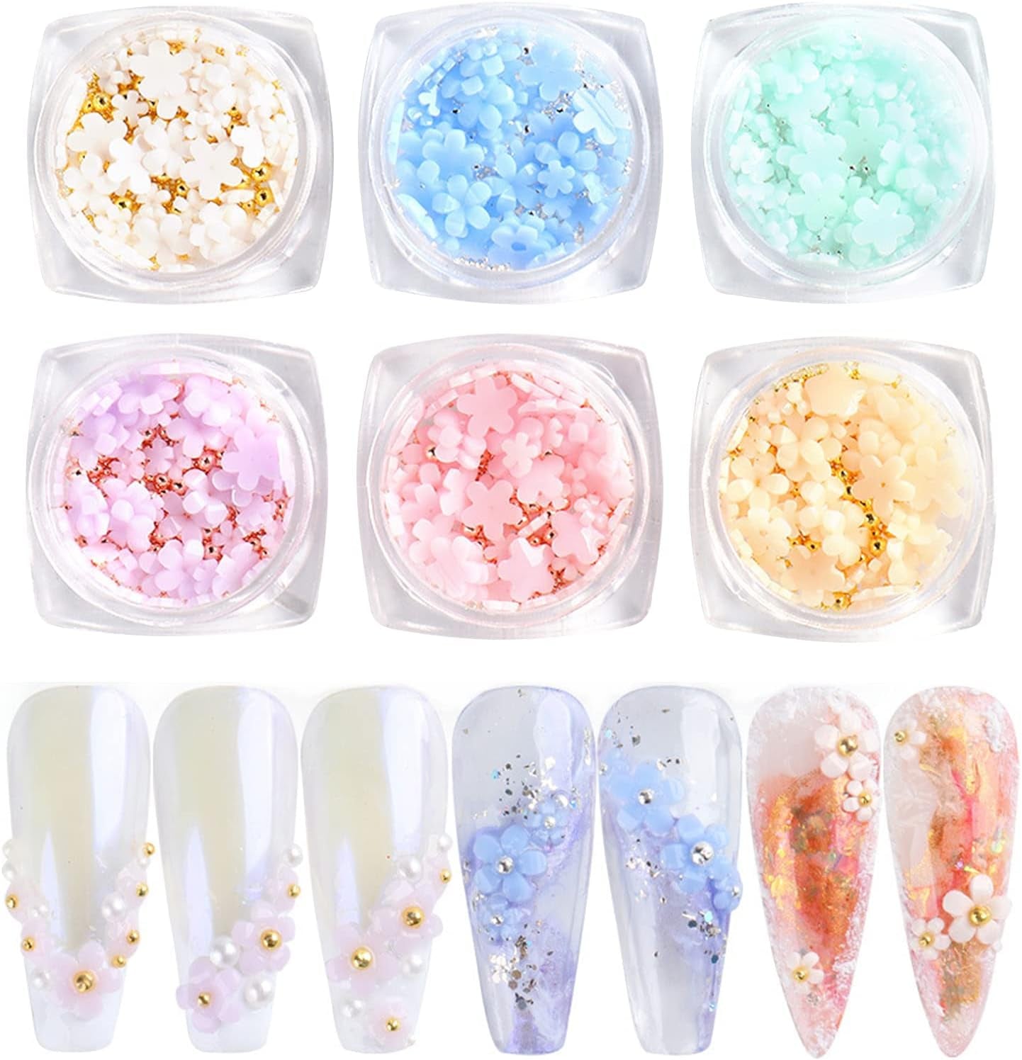6 Box 3D Flower Nagelkunst Charms, Acryl Flower Nagel Strass Mit Gold Und Silberperlen Ornamenten, Nagel Edelsteine, Nagel Zubehör Für Mädchen, Frauen, DIY Nageldesign, Basteldekoration...