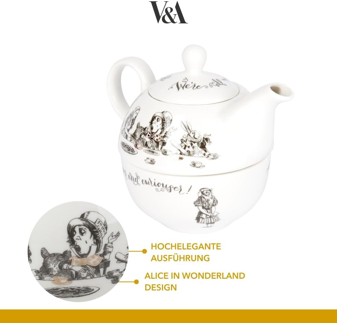 Alice i Eventyrland tekande og kop sæt til 1 person i gaveæske, fint porcelæn testel, hvid, 250ml