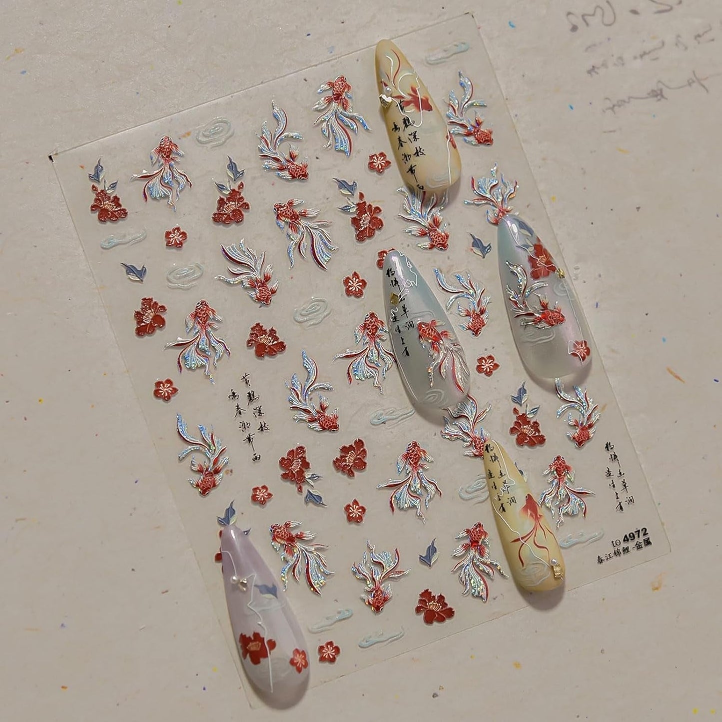 JMEOWIO 3D Nagelsticker Koi Fisch Nail Art Sticker Selbstklebend Nagelaufkleber 5D Stereoskopisk Dekoration Nageldesign Tilbehør 1 Blatt