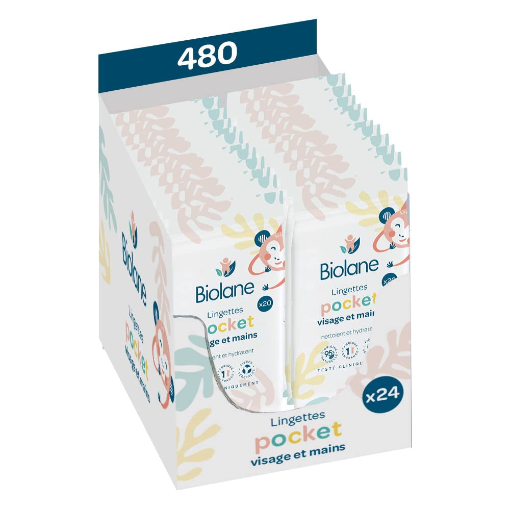 BIOLANE - Babyvådservietter til ansigt og hænder - Pakke med 6 - 384 servietter (6 x 64 cm) - Renser og beskytter - Toiletartikler - Hypoallergen - Til følsom hud - 97 % naturlige ingredienser - Lavet
