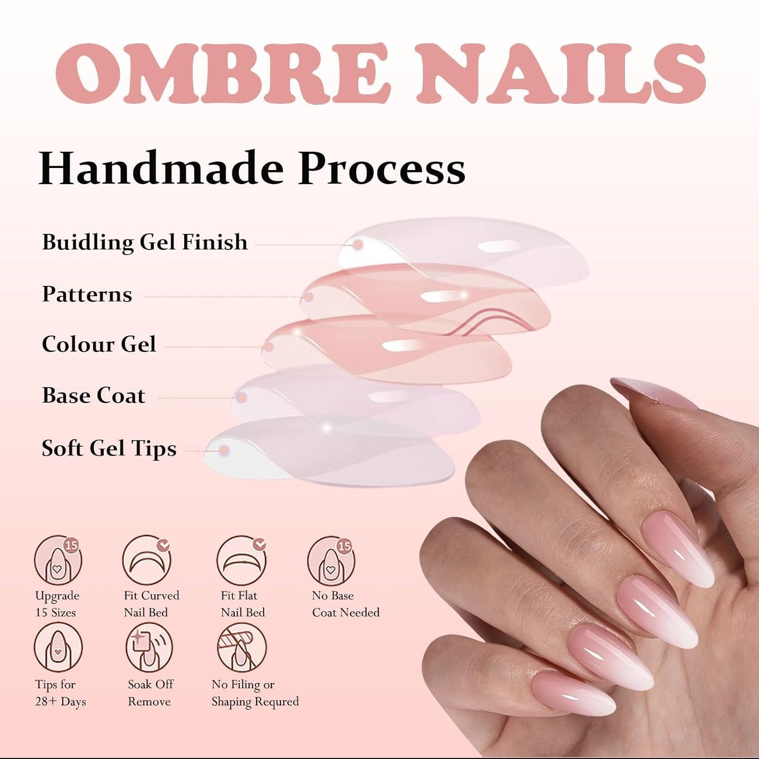 Sæt med falske negle - 240 stykker franske falske negle lim på - Pink White Gradient Design Kunstige negle Fuldt dækkende blød gel Naturlig og behagelig at have på (Pink Mandel)