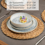 Moritz & Moritz ALHAMBRA Spisesæt til 6, 18 stykker, porcelæn af høj kvalitet - Moderne blåt porcelæn - Nemt at vedligeholde sæt med 6 middagstallerkener, 6 desserttallerkener og 6 skåle