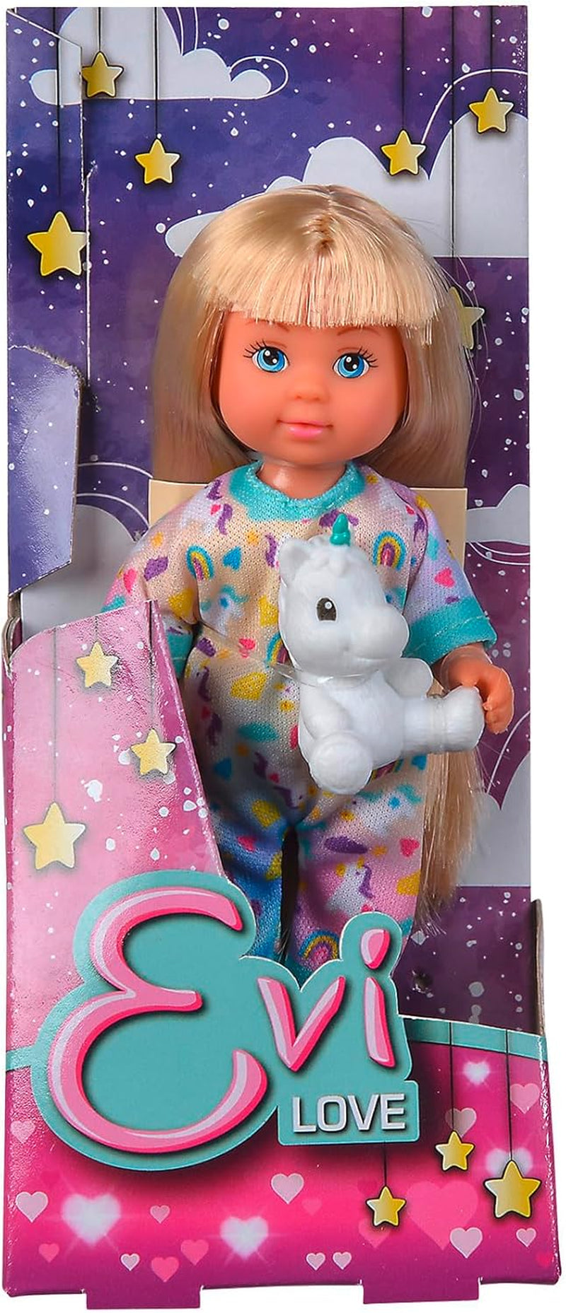 Simba Evi Love Pyjamas, 3 assorterede farver, kun én vare sendt, dukke i sød pyjamas med enhjørning plyslegetøj, legedukke 12 cm, alder 3+
