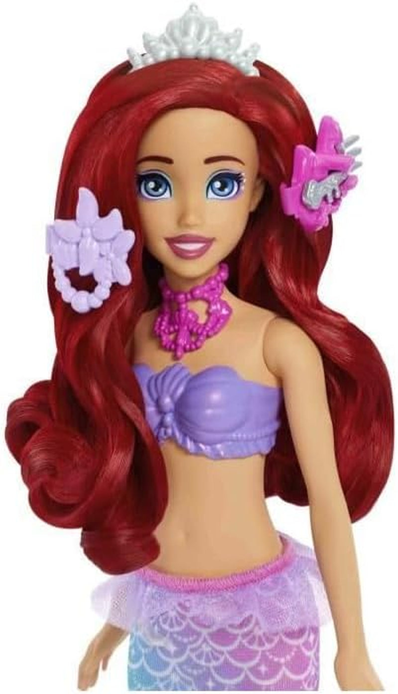 Mattel Disney Princess Legetøj, Make-up Shell Havfrue Arielle modedukke med aftagelig hale, Makeup bord med 5 gentagelige pop-up overraskelser og 5 tilbehør, JBF86 Naty Shop Dolls