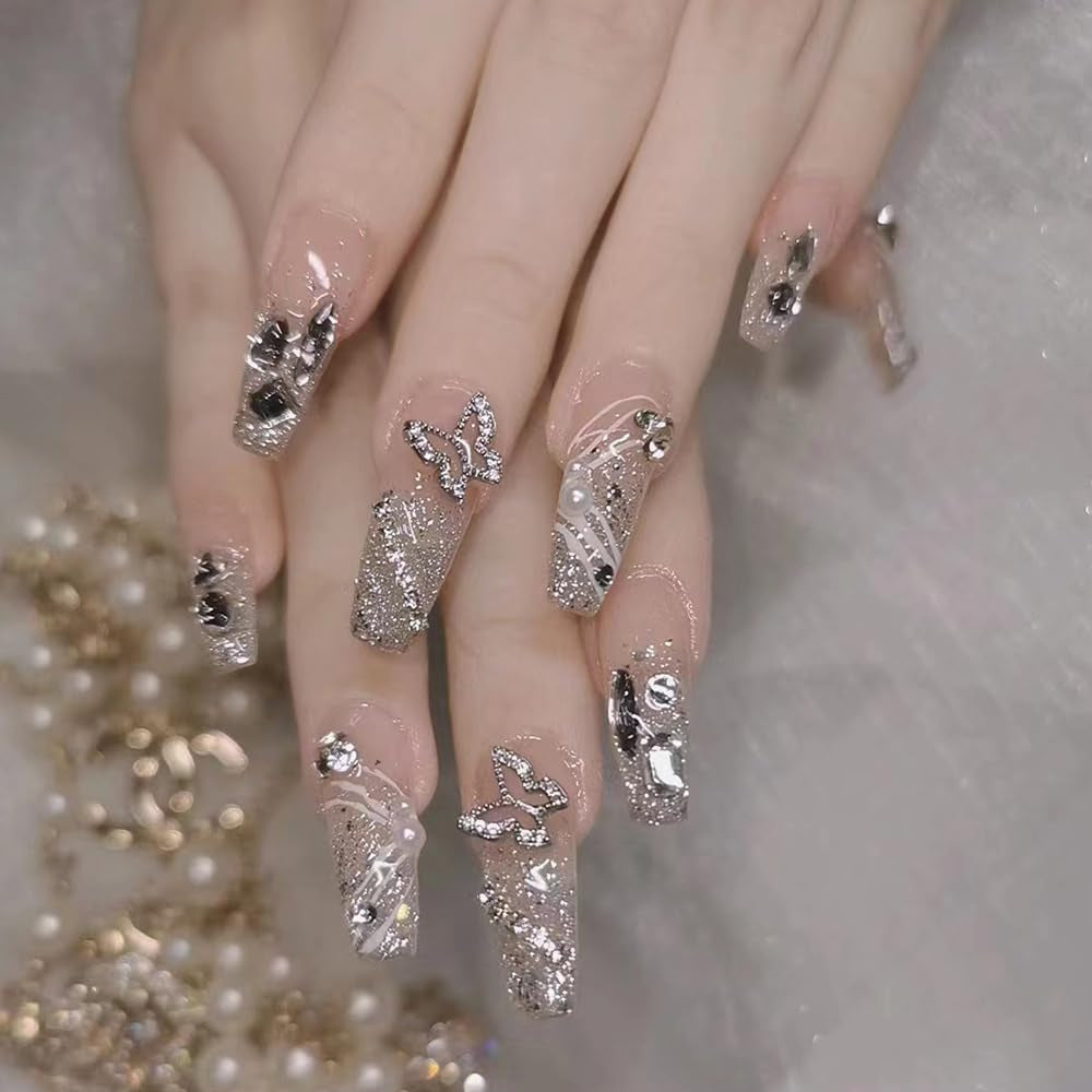 Selvklæbende kunstige neglesæt - franske falske negle - 24 stykker Kort firkantet design Hvid Pink Gradient Kunstige Negle Ballerina Manicure (Kort Pink Gradient)