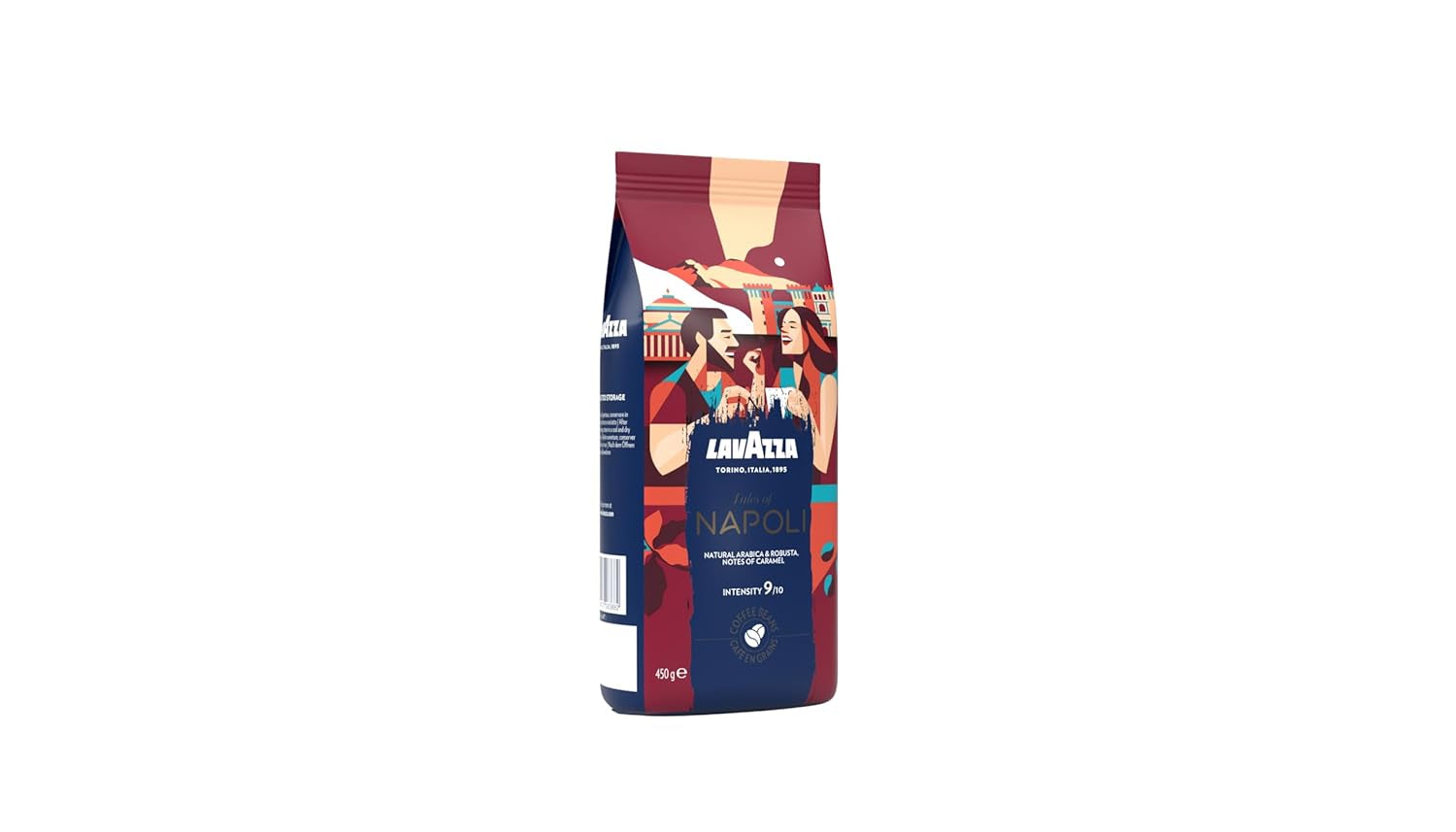 Lavazza, Tales of Napoli, kaffebønner, ideel til espressomaskiner, med aromatiske noter af kakao og karamel, Arabica og Robusta, intensitet 9/10, intens ristning, 450 g