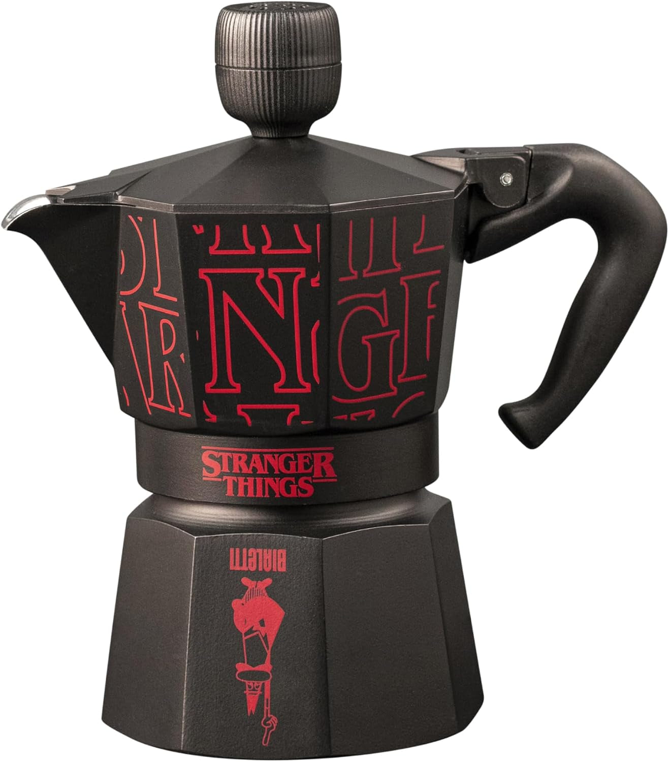Bialetti Moka Express Stranger Things 3-kopps kaffemaskine, Musikknap med USB-C opladningsfunktion, Ikke egnet til induktionskogeplader, 3 kopper (130 ml), Sort
