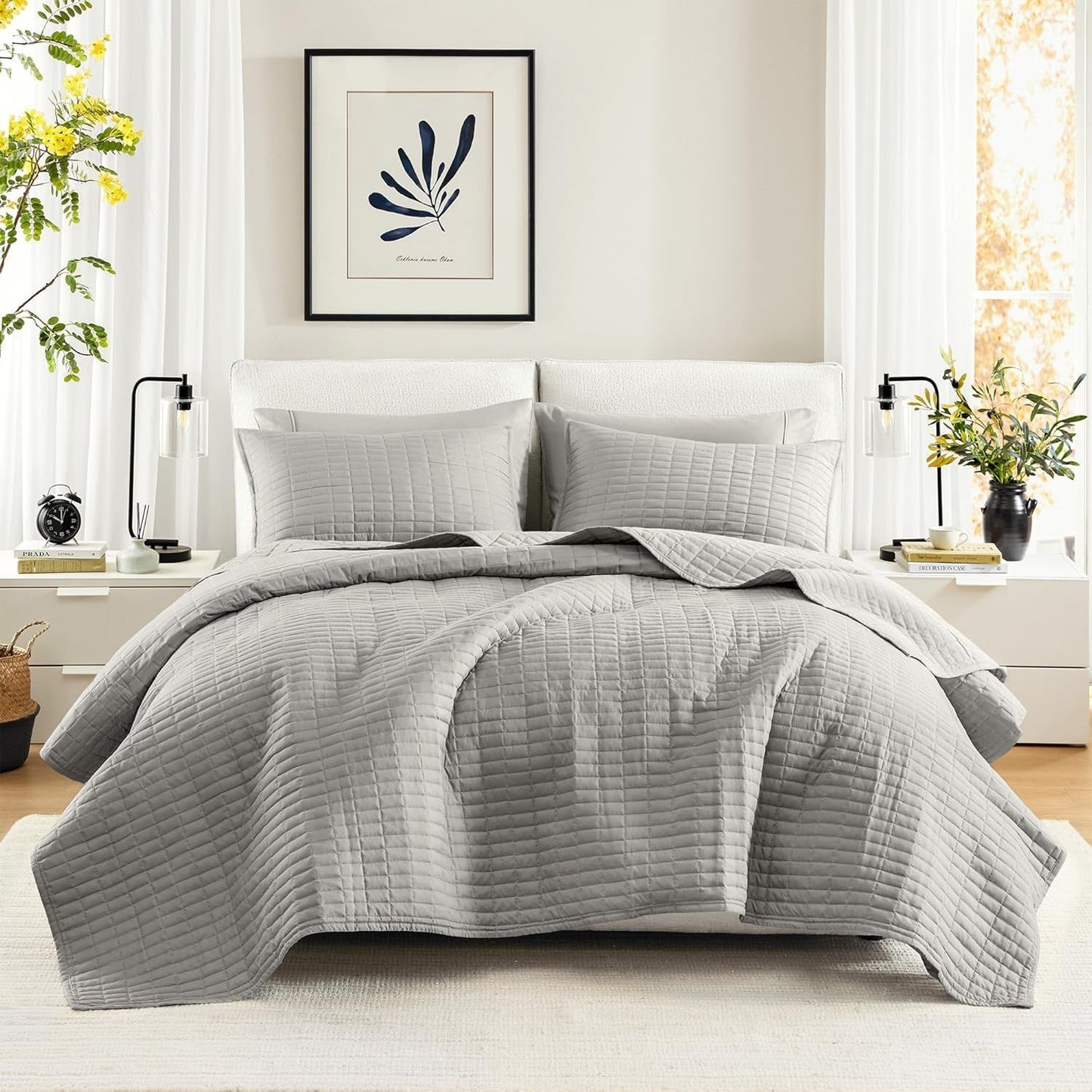 Comfort Spaces Kienna Quilt Sæt Luksus Dobbelt Sting Sommertæppe Letvægts Blødt Helårs Sengetøj Matchende pudebetræk Hvidt tæppe til King Size senge (264,2 X 228,6 Cm) Naty Shop Dyner & dyner Grå King/Cal King(104"X90")