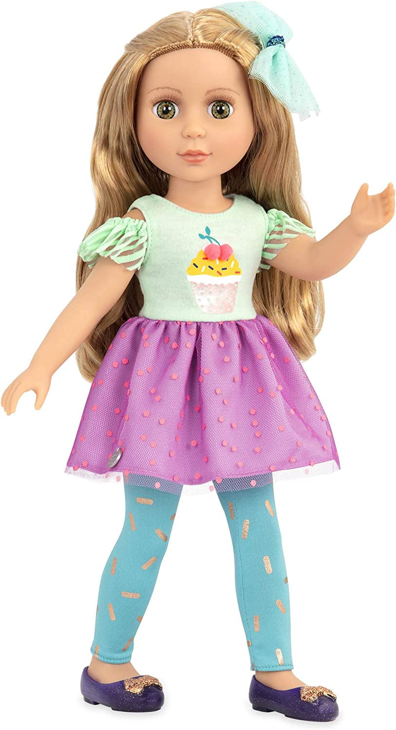 Glitter Girls - Sashka - 36 cm Bewegliche Modepuppe - Blonde Haar und Grüne Augen - Cupcake-Kleid mit Haarschleife - Glitzerschuhe & Gepunktete-Leggings - 3 Jahre +