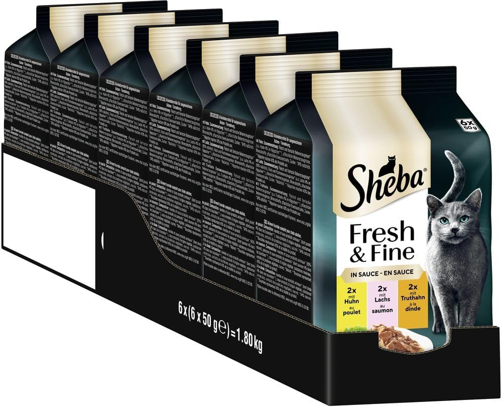 Sheba Portion Pouches Vådfoder til katte, multipak Fresh & Fine i sauce med MSC kylling og laks, 6x6x50g - Fine måltider til katte i sauce
