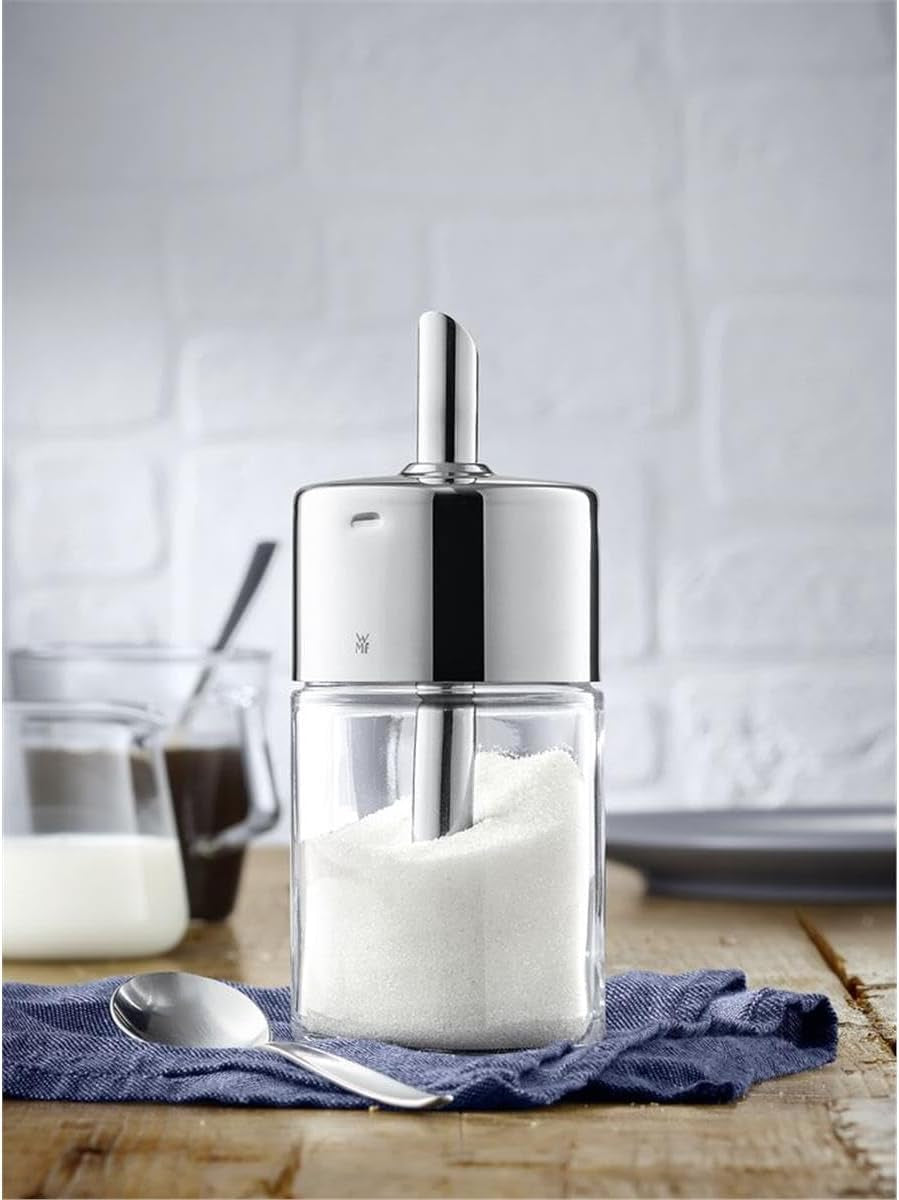 WMF Barista sukkerryster 240 g, glas, sukkerdispenser, Cromargan poleret rustfrit stål, ideel til hvidt/brunt sukker, kakao eller som krydderiryster