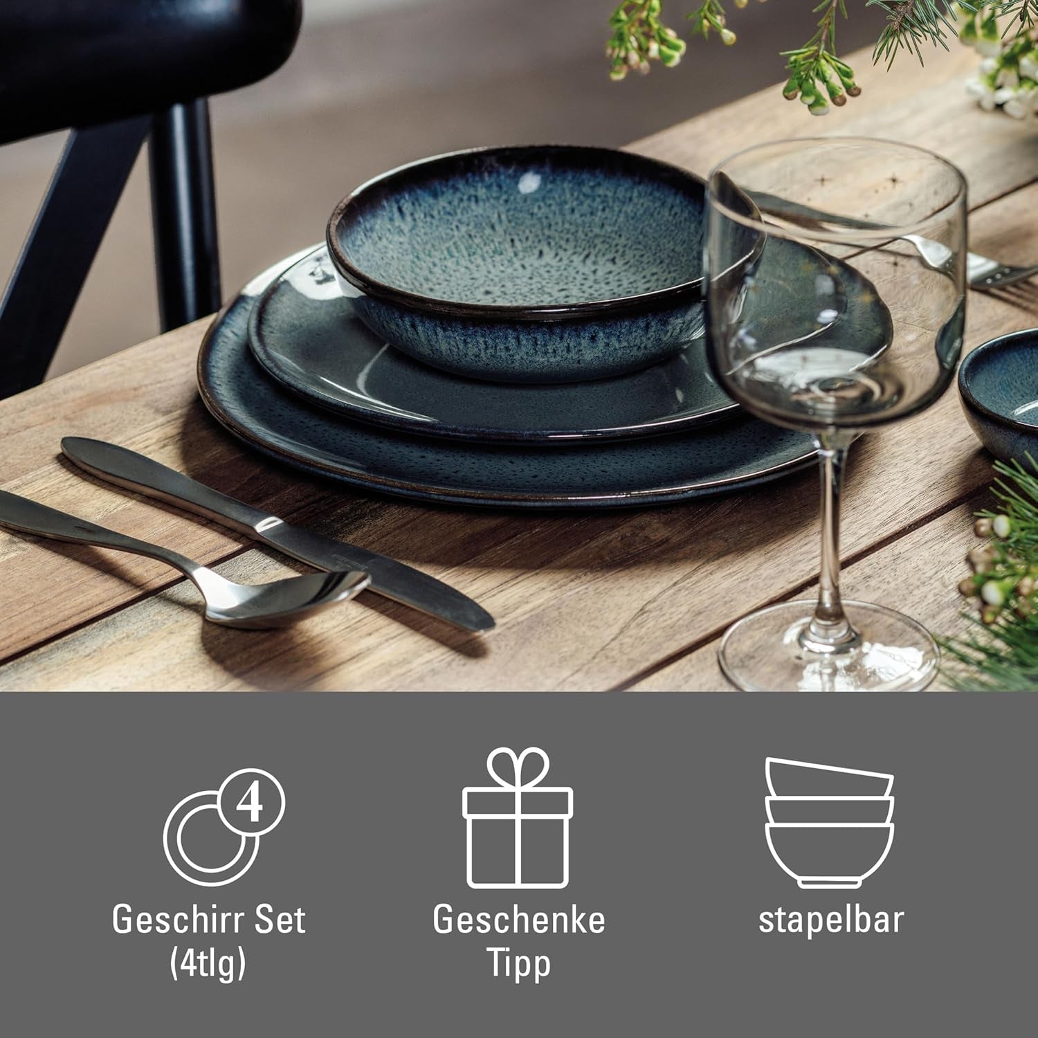 ligesom. de Villeroy & Boch - Lave Gris spisestel i stentøj, 4 dele, keramisk look, bordservice til 2, grå