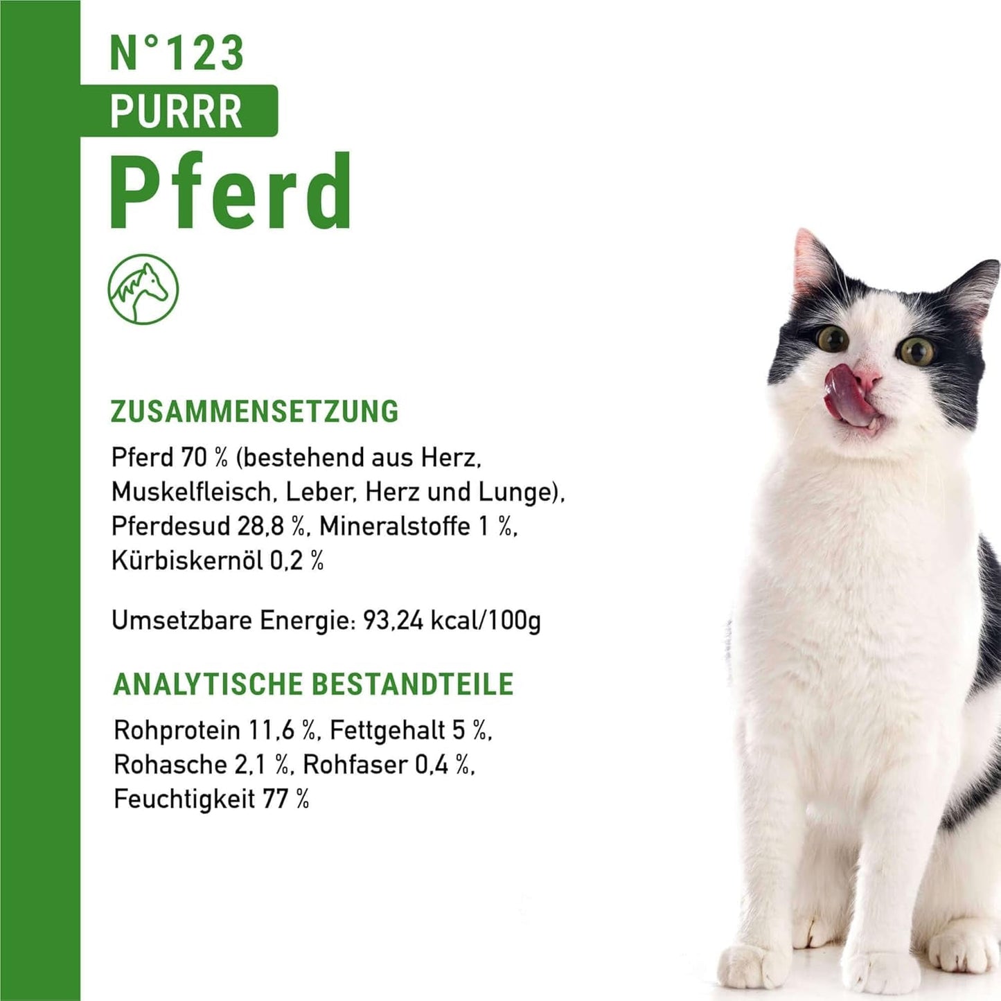 Vådfoder til katte Catz Finefood Purrrr Heste Monoprotein no. 123, til katte med følsom fordøjelse, 70% kødindhold, 6 æsker x 400 g