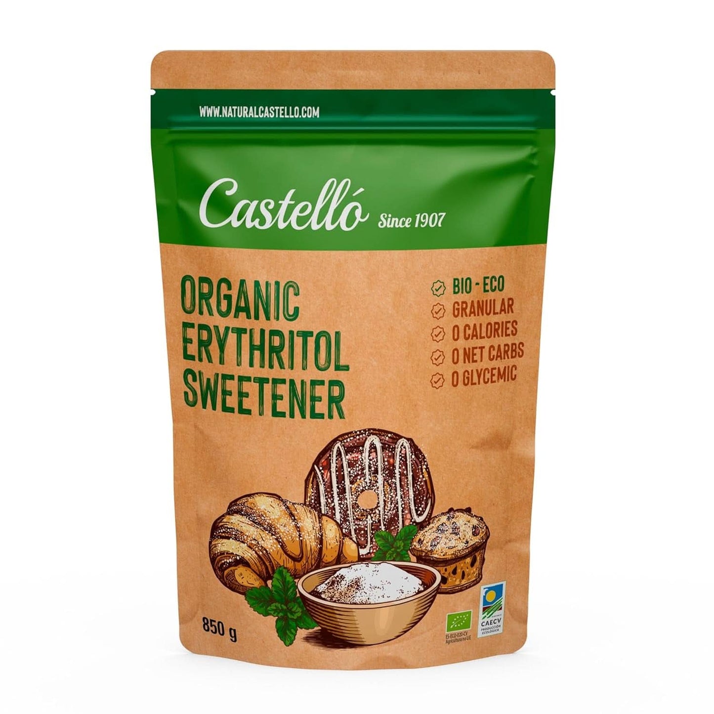 Naturlig økologisk erythritol, 10G = 7G sukker, 1 kg sødemidler Naty Shop 850 gram