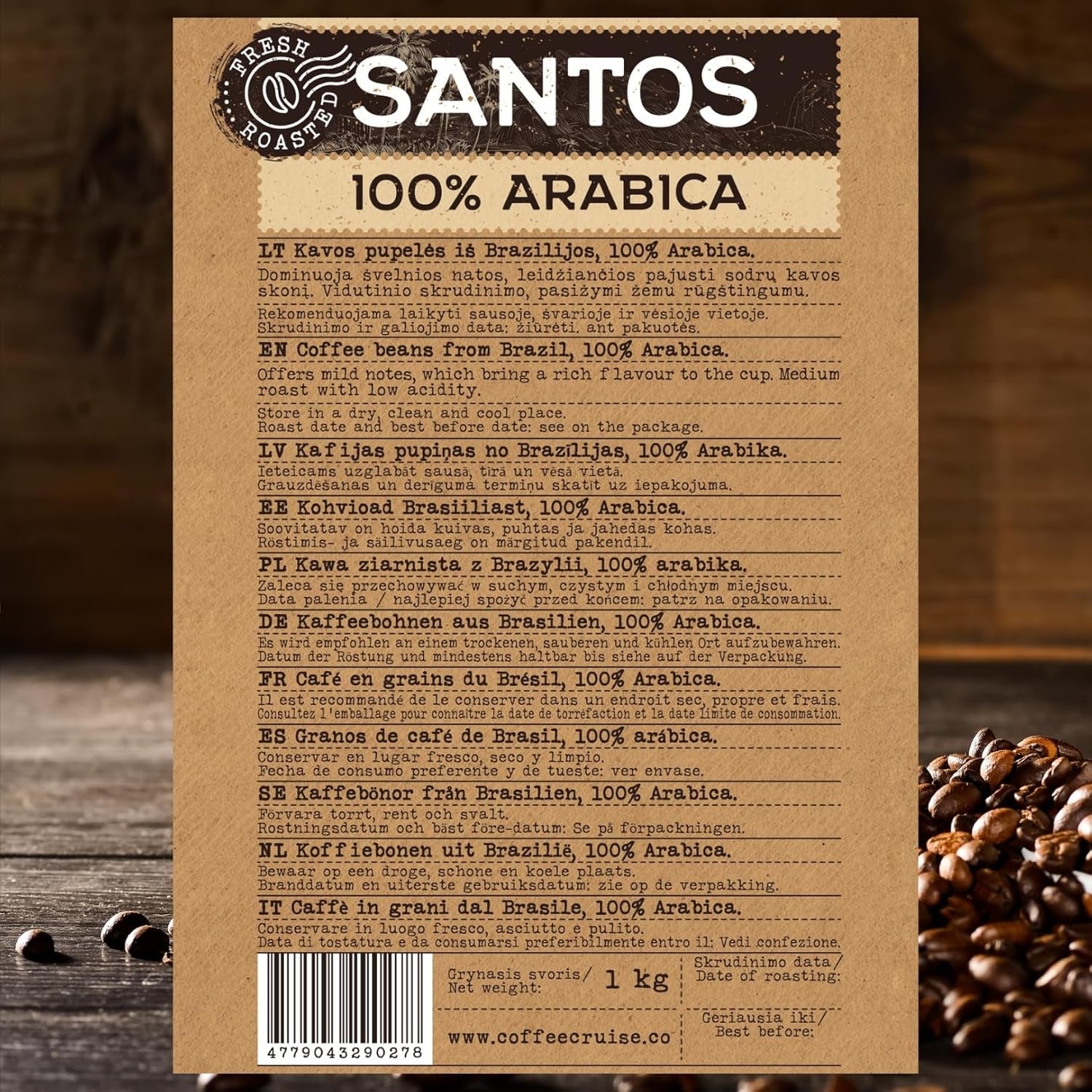 COFFEE CRUISE Santos Kaffeebohnen 1kg - Mittlere Röstung - Aroma Caramel - Für All Kaffeemaschinen - 100% arabisk