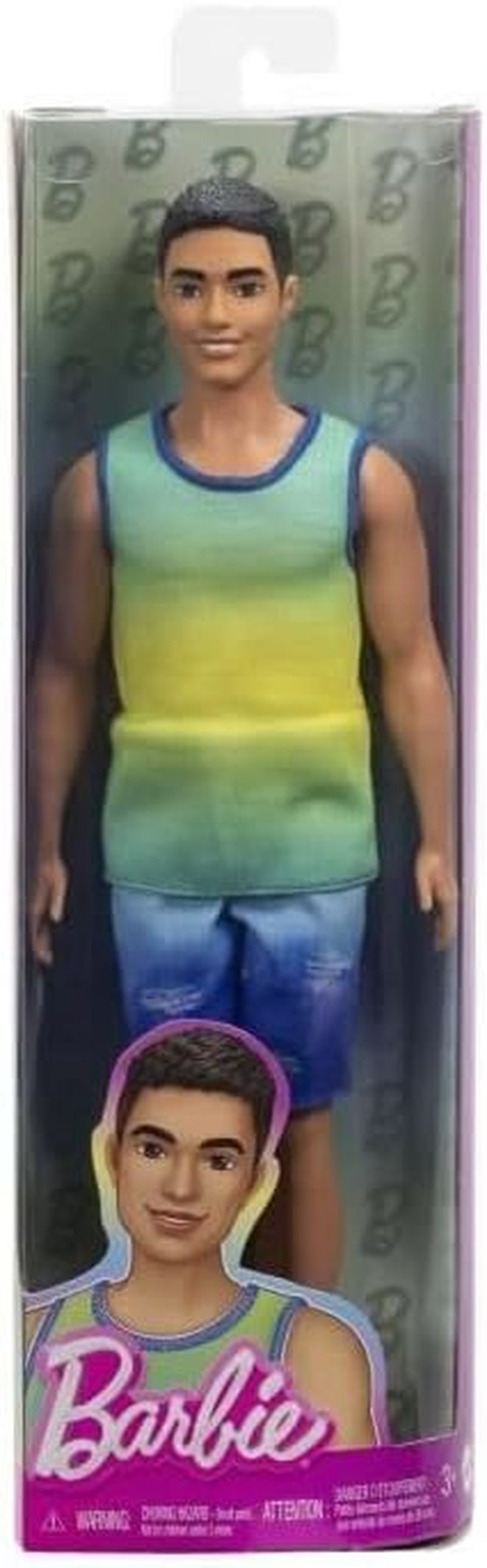 Ken Barbie Fashionista dukke nr. 236 med sort hår, blågrøn ombré tanktop, denimshorts og sølv sneakers, HYV00