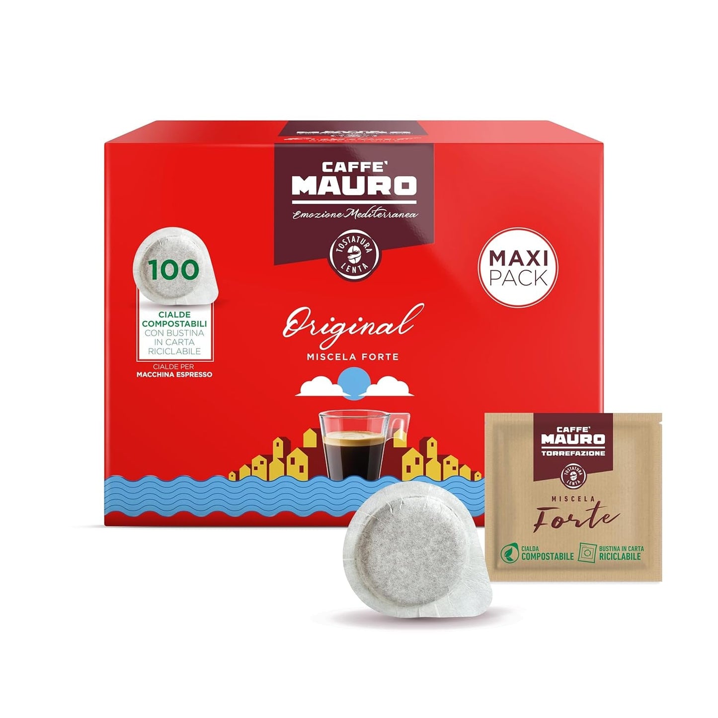 Caffè Mauro Torrefazione Kaffee Komposterbare Pods, Genbrugspakke, Original Mischung - 100 stk - Intensitet 10/10 - Kompatibel med ESE System Papir Pads 44 mm