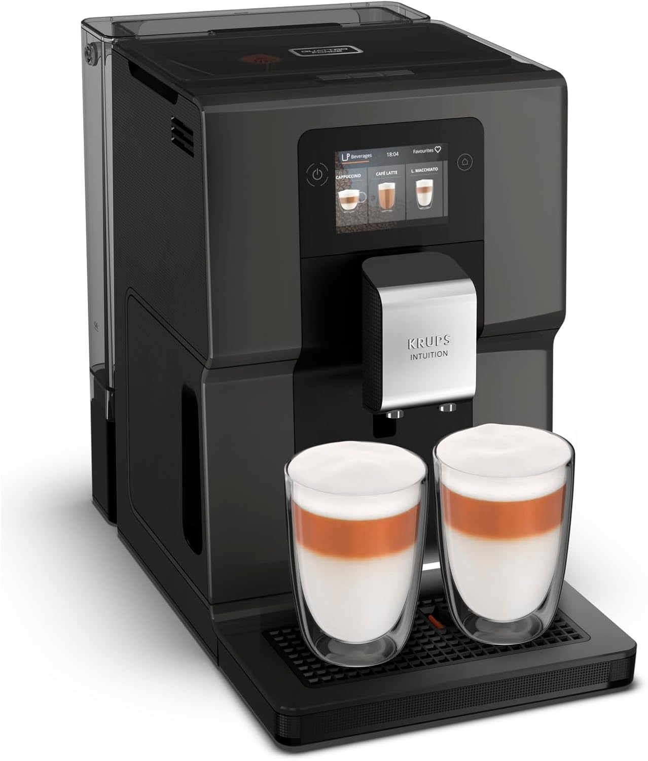 Krups Intuition Preference fuldautomatisk espressomaskine med smartphone-lignende betjening, 3,5" farvetouchskærm, Smart Slide-teknologi, intuitivt lyssystem, 11 drikkevarer, mælkebeholder, EA873810